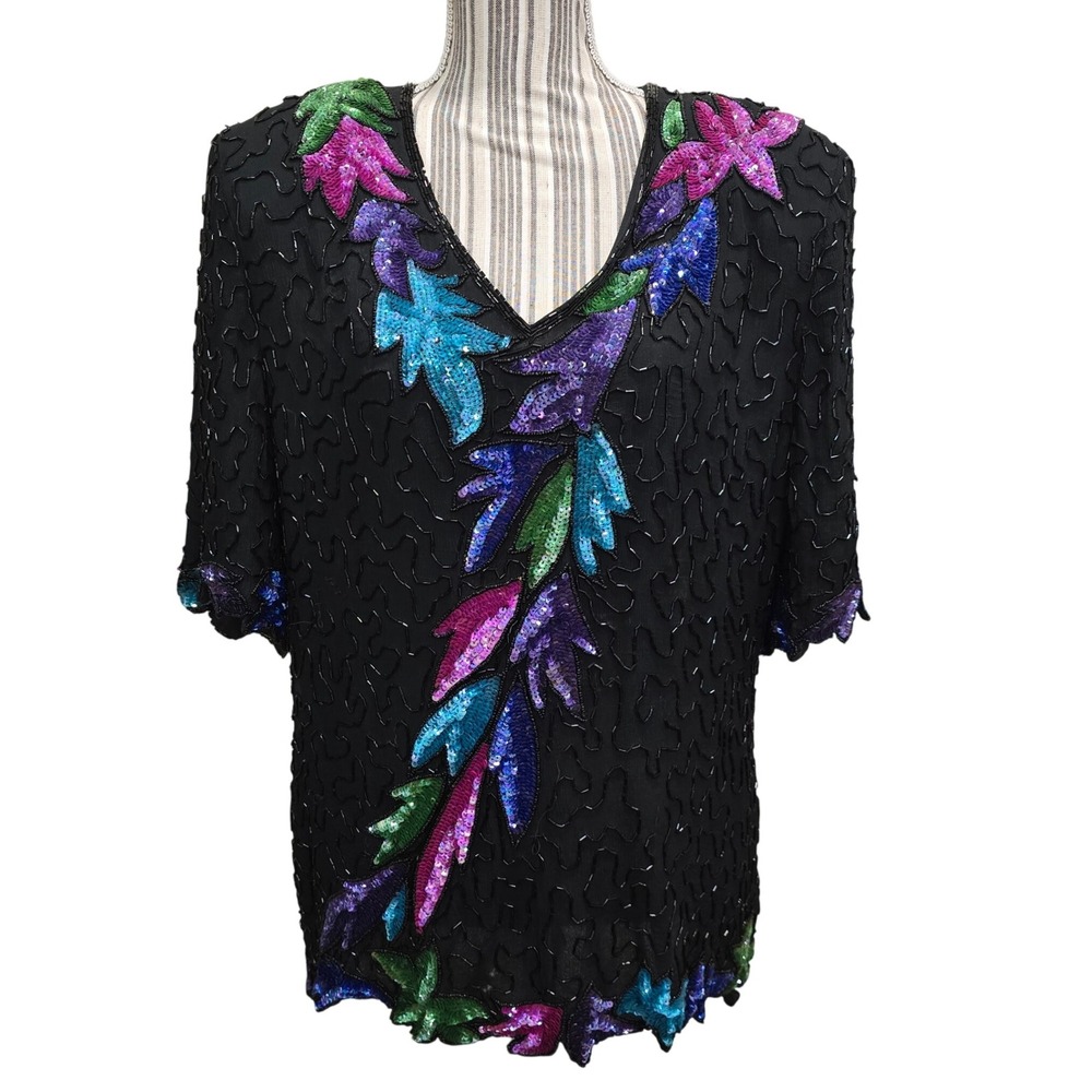 Carina Silk Hand-Beaded Sequin Top XL Black‎ Multicolor 90s India Holiday Blouse
